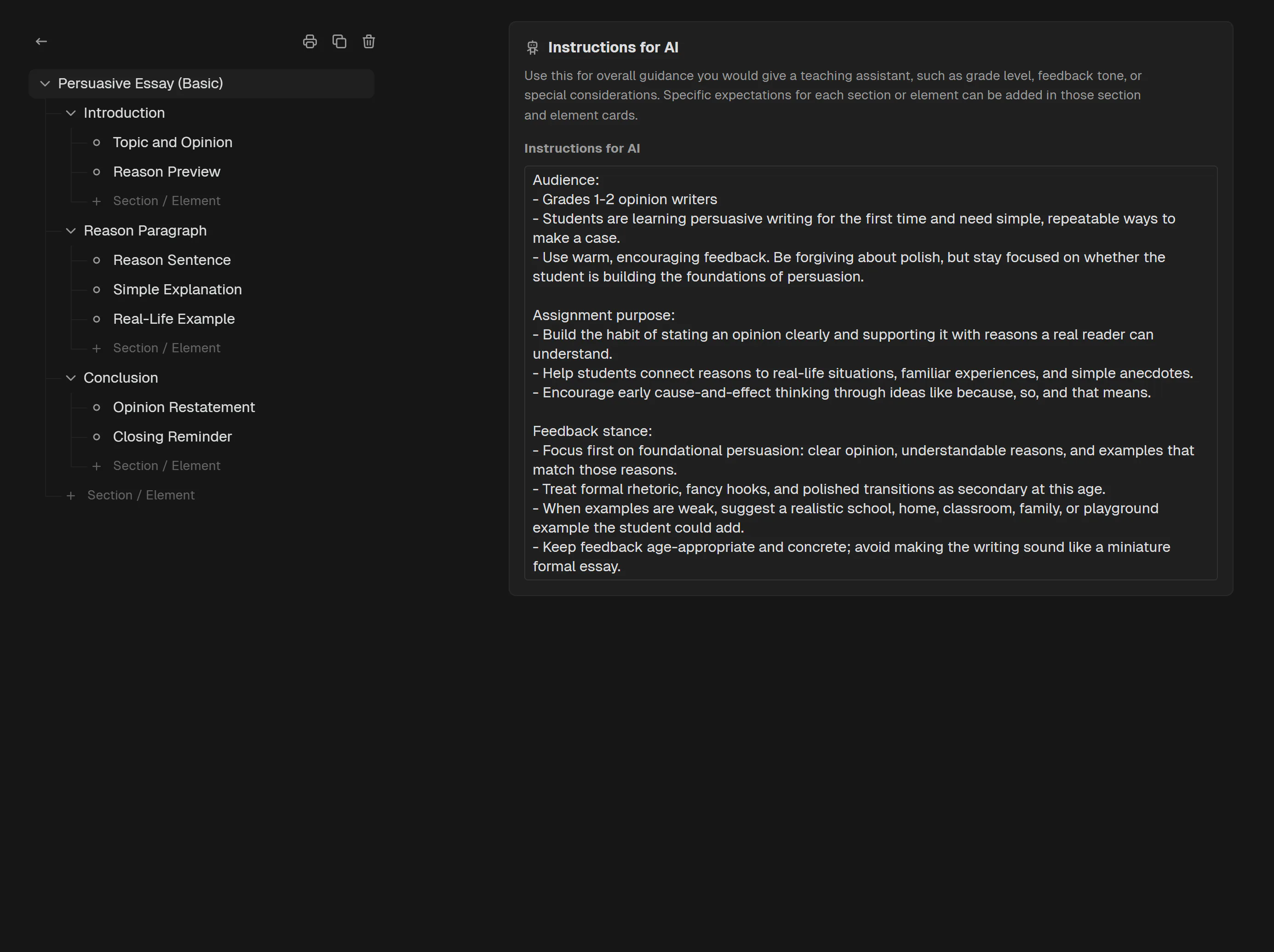 Snapgrade assignment template manager showing a folder tree and assignment instructions